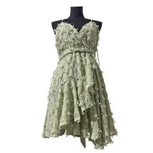 Pastel Green Floral Fairy Cottagecore Boho Asymmetric Ruffled Mini Dress M L